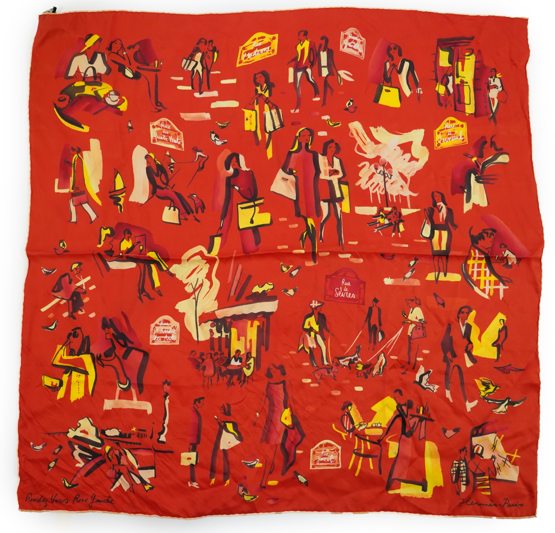 A Hermes silk Rendez Vous Rive Gauche 70 in geranium, 70cm x 70cm